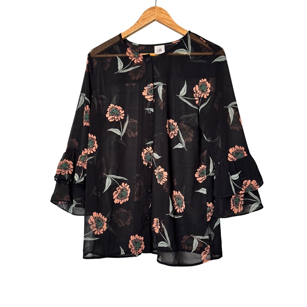 CABI‎ Black Floral Sheer Bell Sleeve Button Front Blouse Top Womens Medium